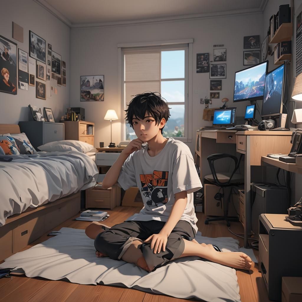 Boy at Computer in Anime Style 3D Art