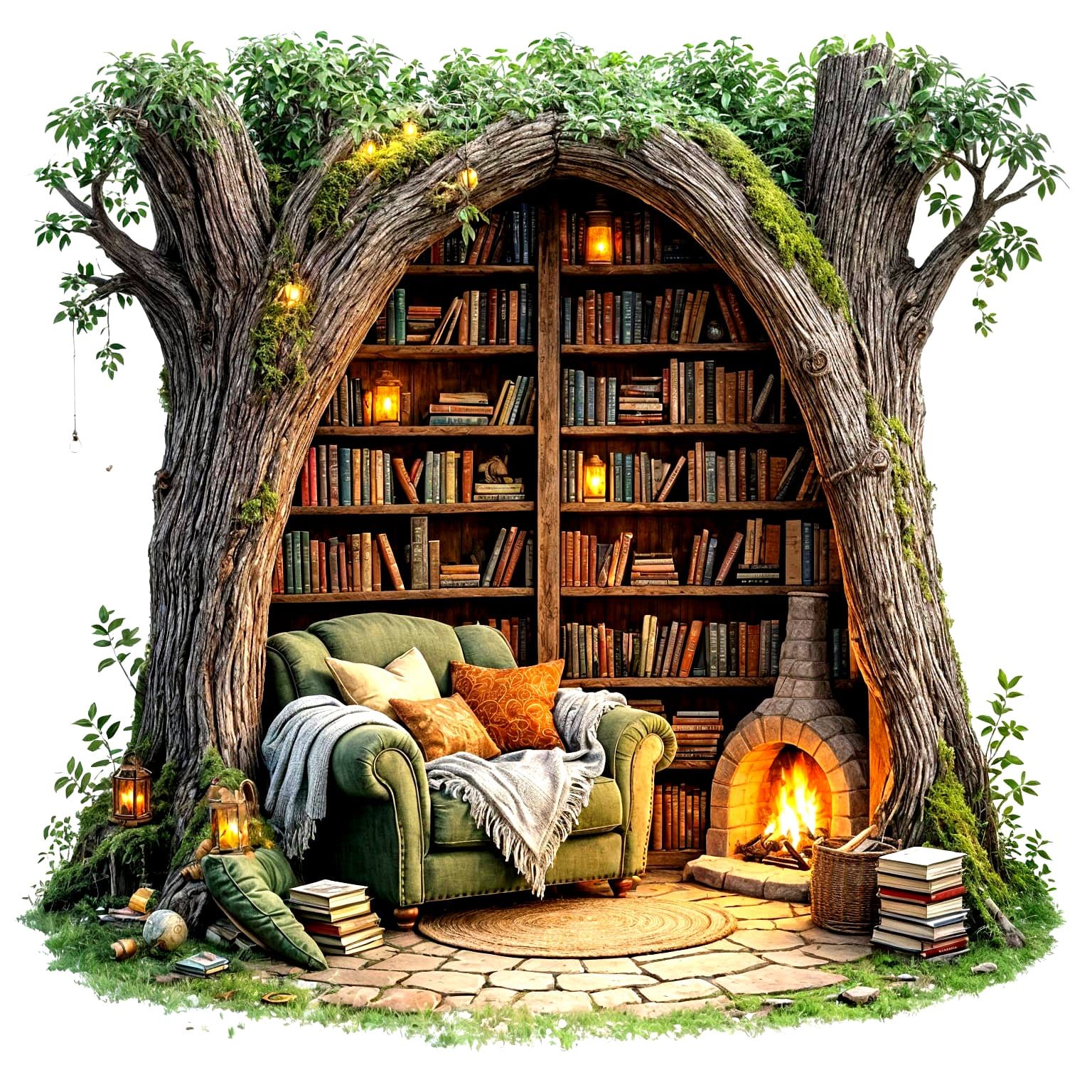 A cozy reading nook is nestled within a hollowed-out, ancien...