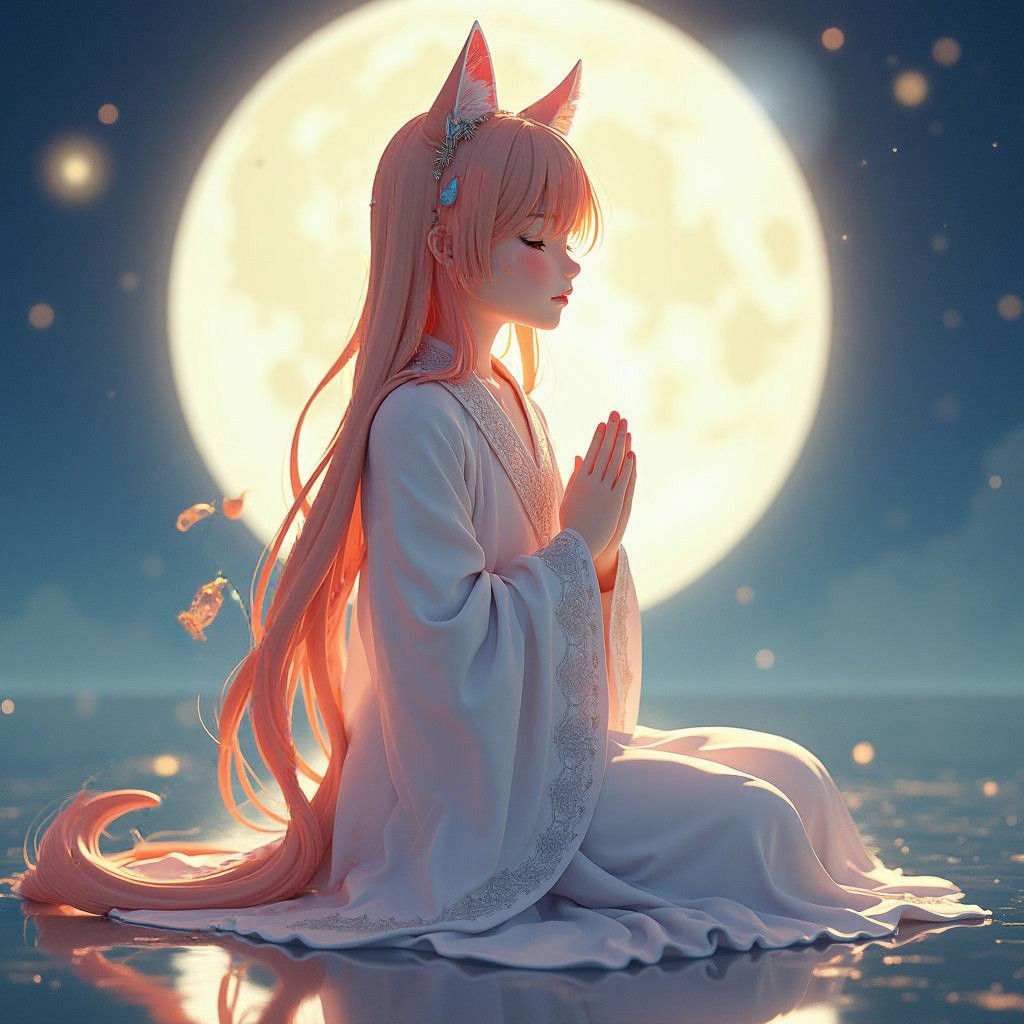Strawberry Blonde Cat Girl Praying: 3D Anime Art