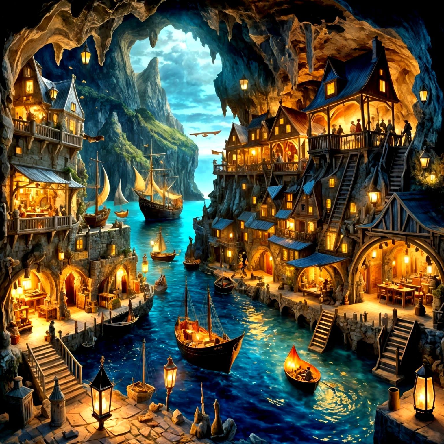 Cozy Cave Harbor with Bustling Taverns