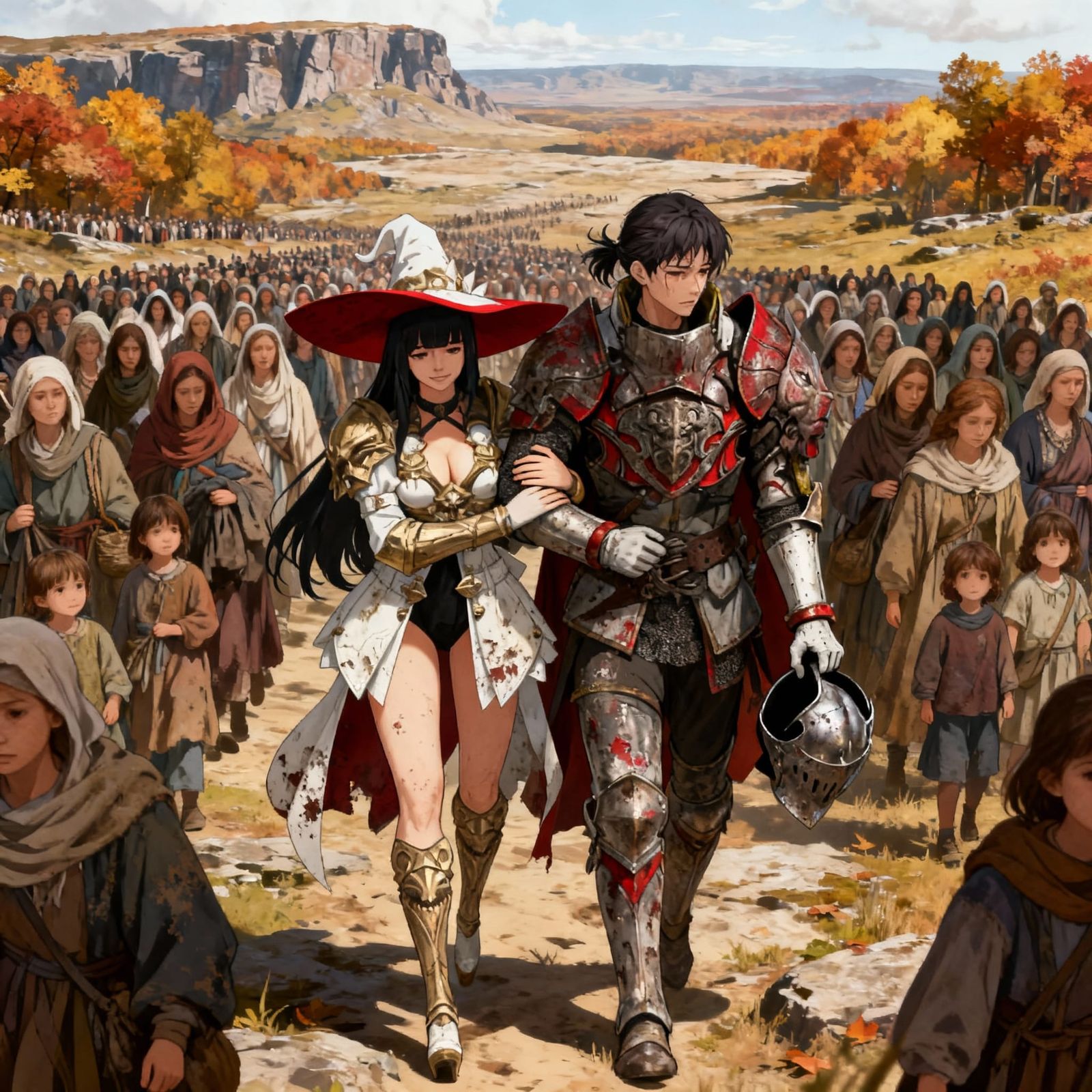 Witch and Knight Marching with Refugees in Autumn