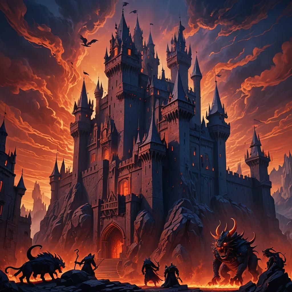 Hellish Castle with Demons: A Dark Fantasy Painting