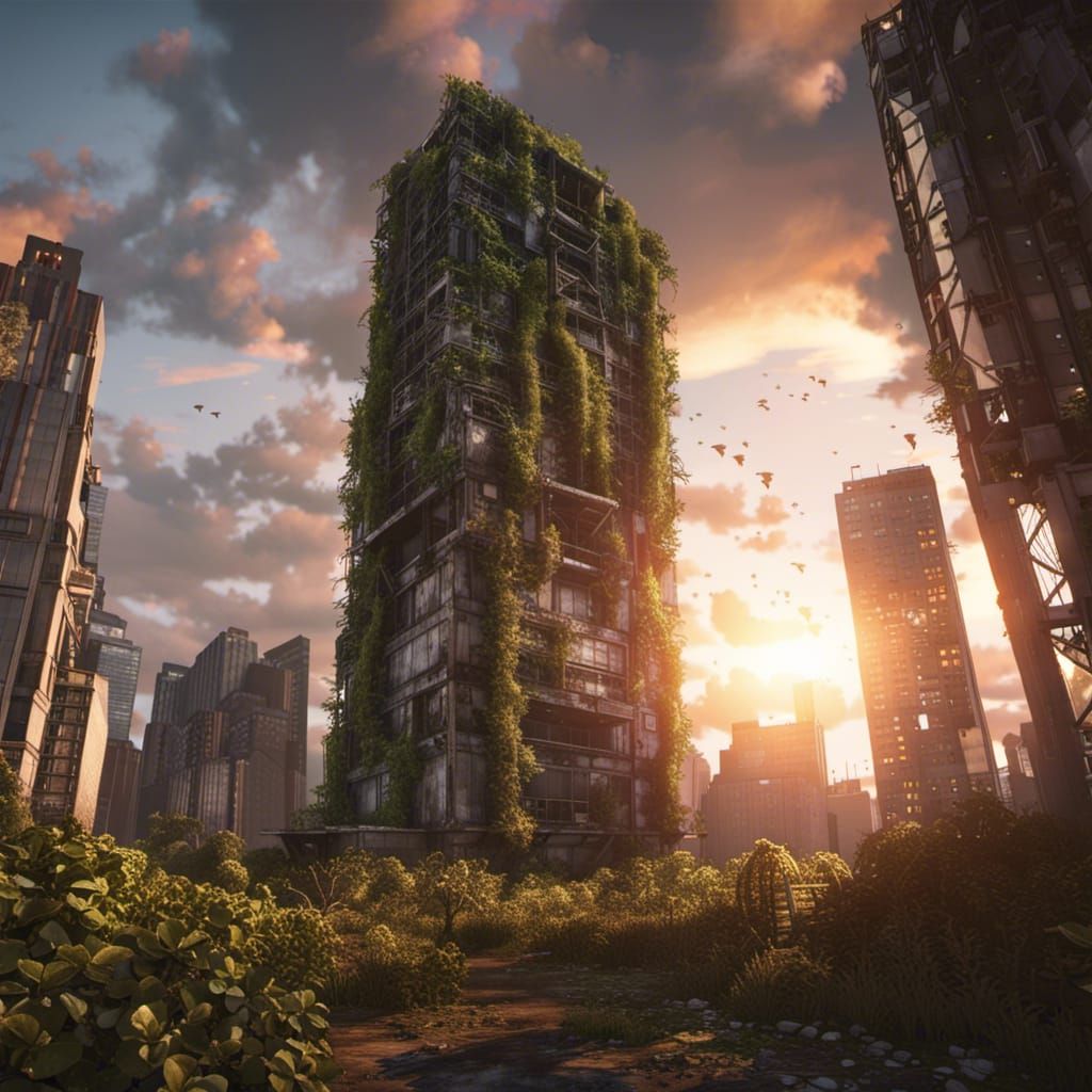 Apocalyptic Skyscraper Sunset: 3D Game Cinematic Render