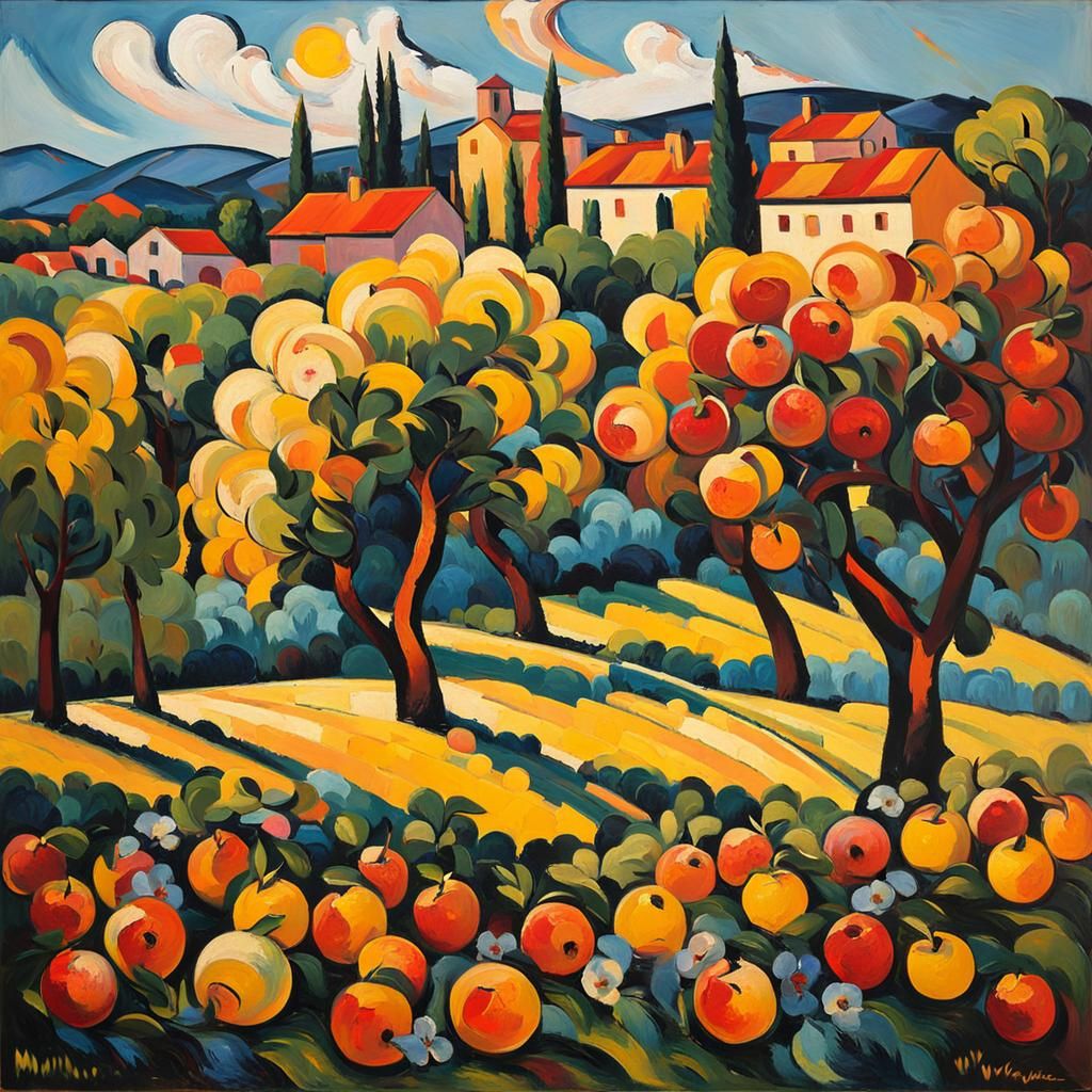 Expressionist Orchard Landscape in Fauvist Oil Painting Styl...