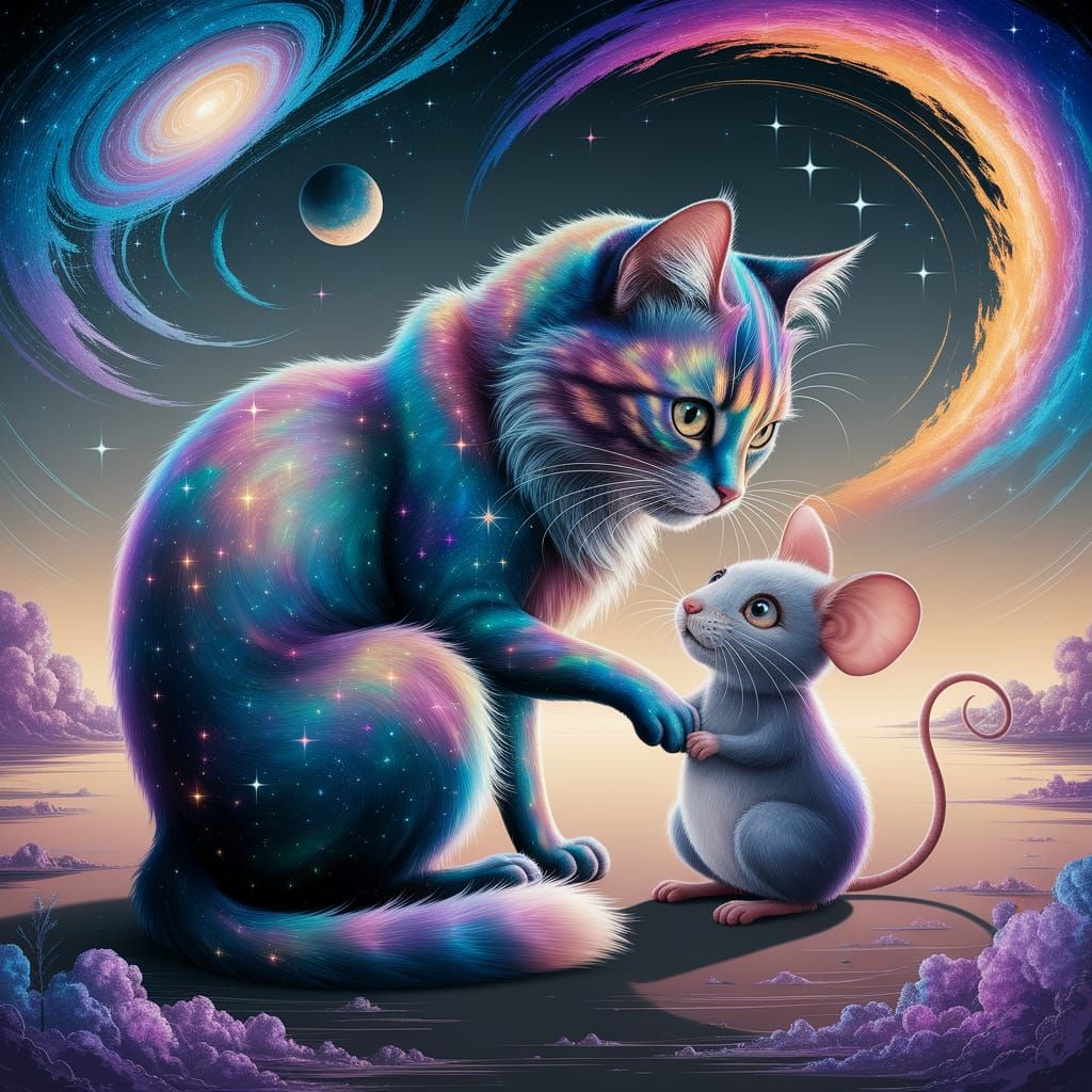 Cosmic Cat Cradles Mouse Under Galaxy, Holographic Illustrat...
