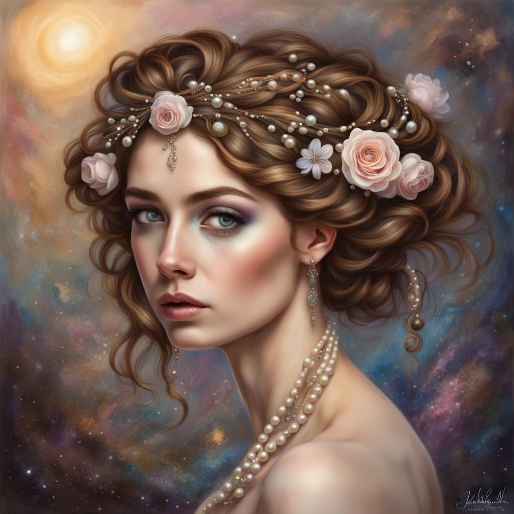 Cosmic Beauty with Pearl Adorned Hair