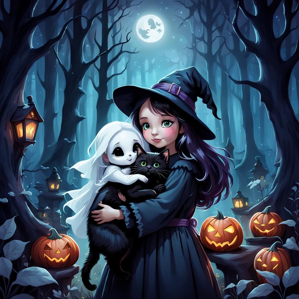 Girl Witch, Black Kitten, and Casper in Moonlight