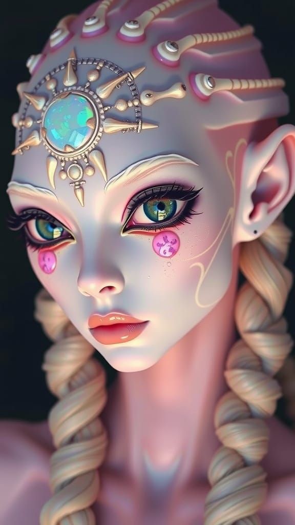 Alien Woman with Snail Braids and Opalescent Skin