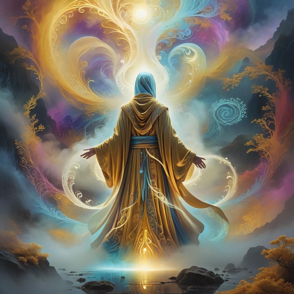 Ethereal Robed Figure in a Misty Fantasy Landscape