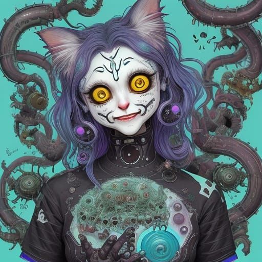 Surreal Biopunk Girl Infused with Symbiotic Cats