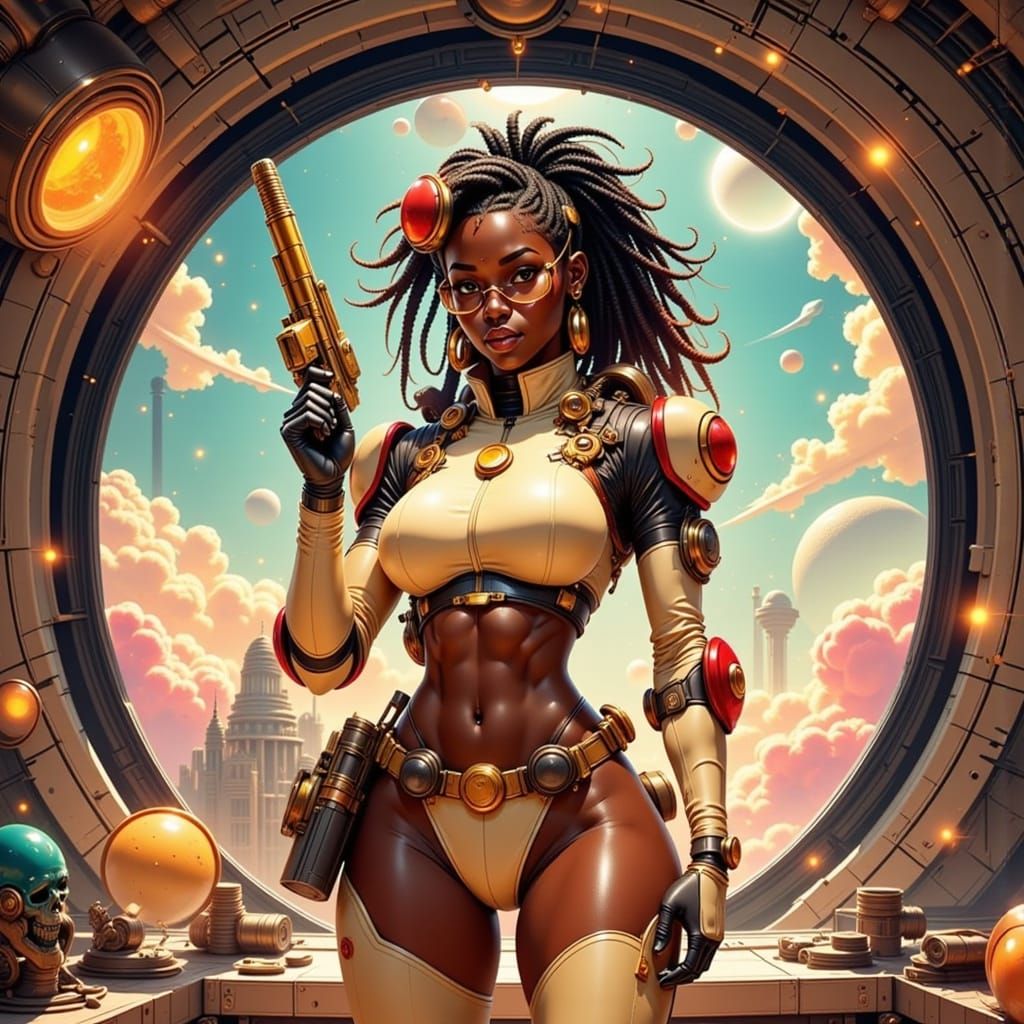 Retro-Futuristic Woman Warrior on Alien Planet