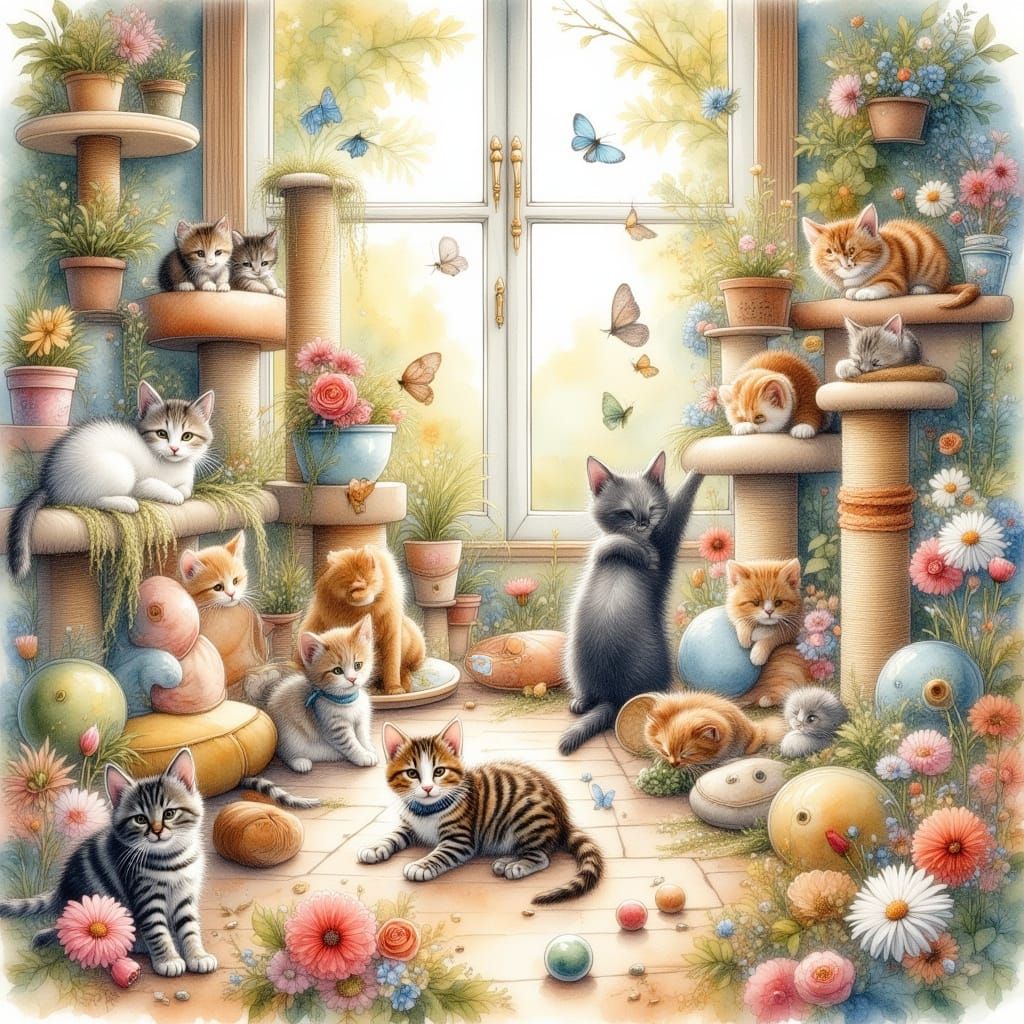Whimsical Kittens Playing: A Watercolor Fantasy