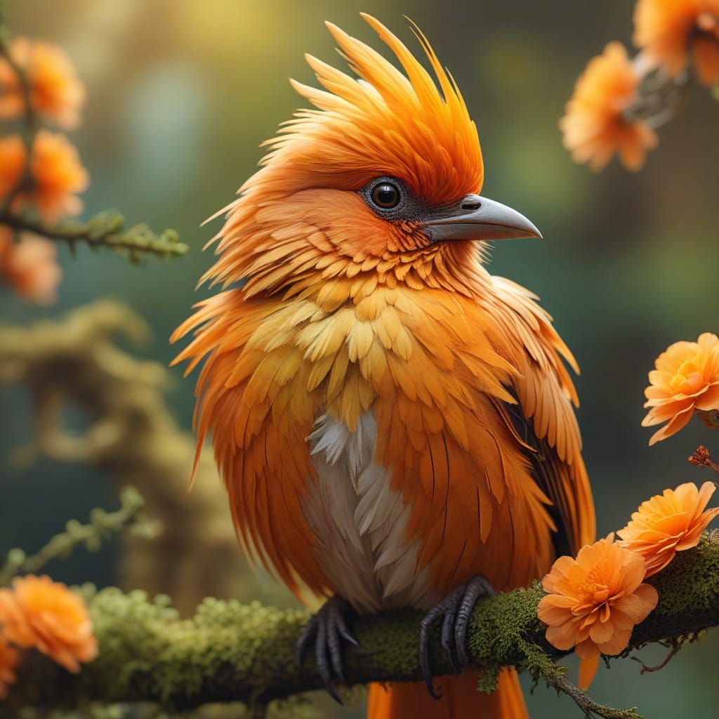 Surreal Bird with Vibrant Orange Plumage