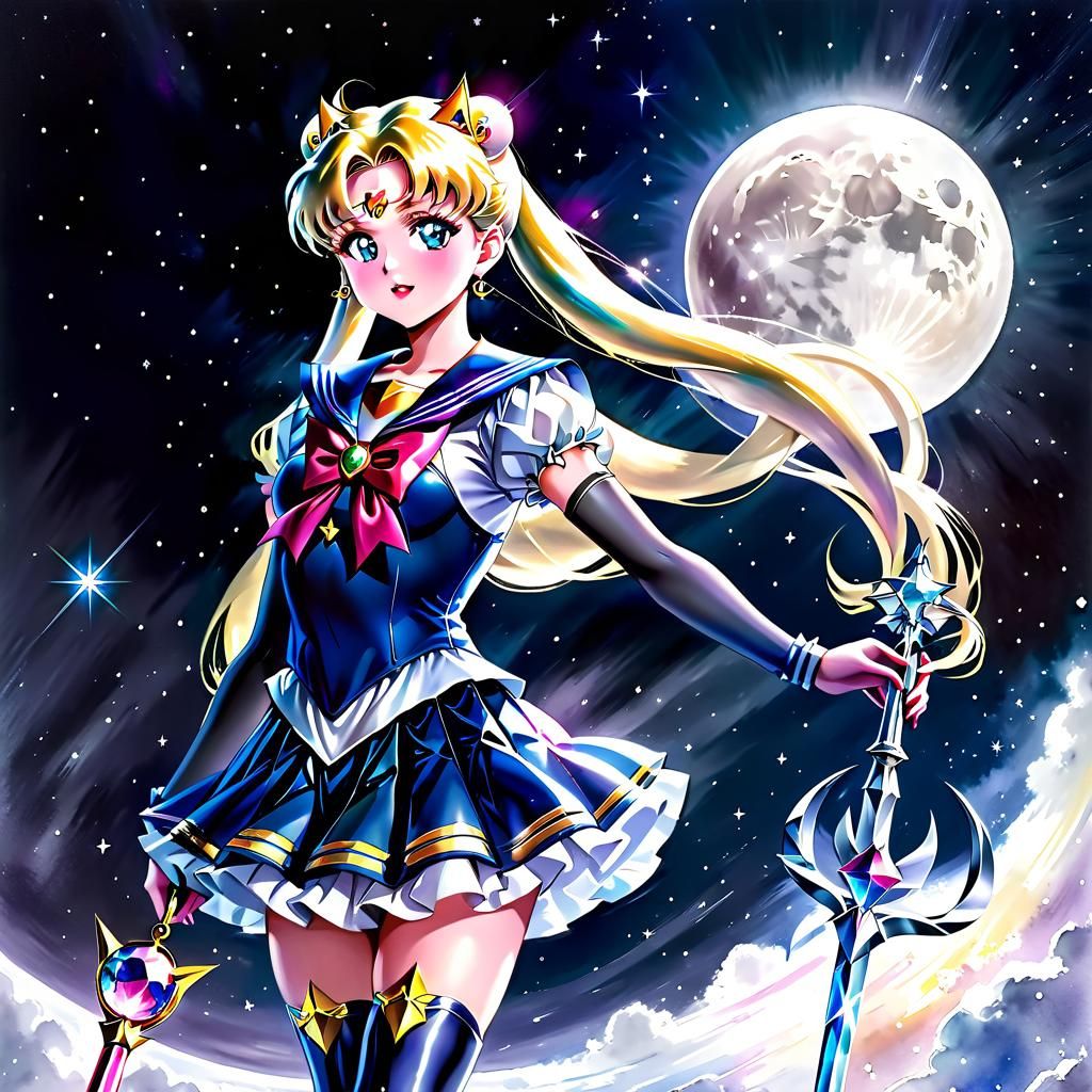 Sailor Moon with Silver Crystal in Watercolor Style