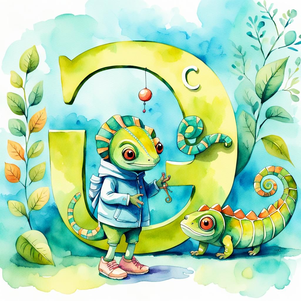 Whimsical Watercolor Illustration of Letter C and Chameleon