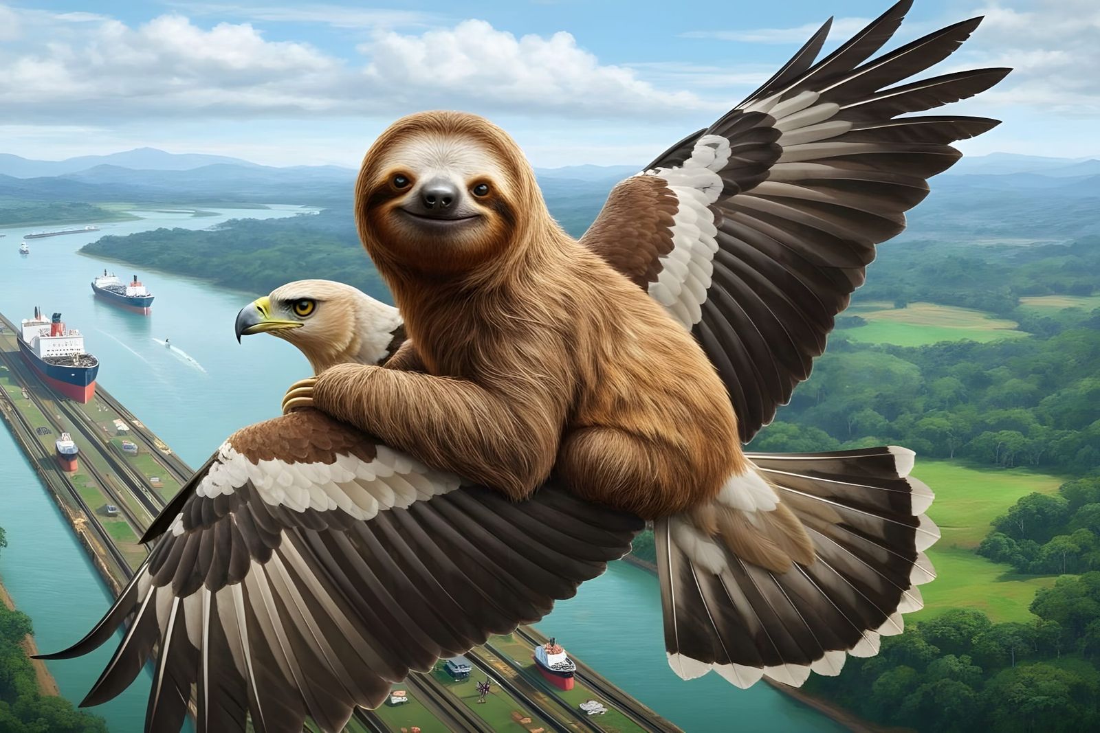 Sloth Rides Harpy Eagle Over Panama Canal