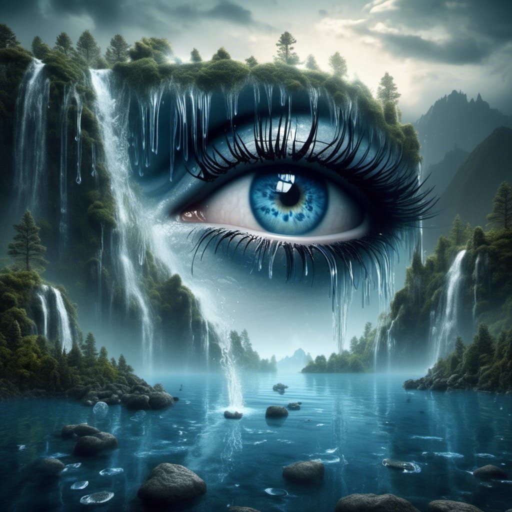 Surreal Eye Waterfall Cascading into Lake: 3D Render