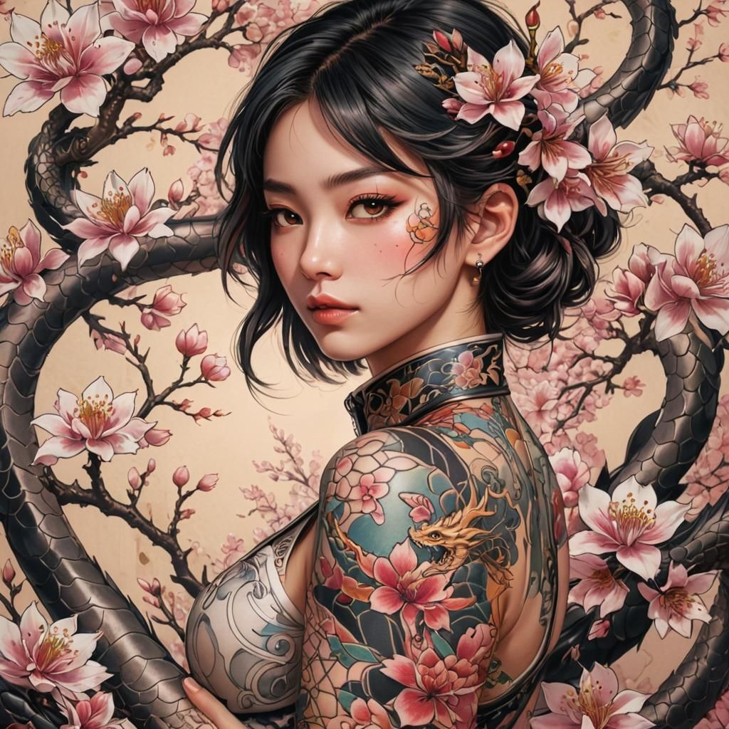 Anime Girl with Dragon Tattoo in Japanese Room