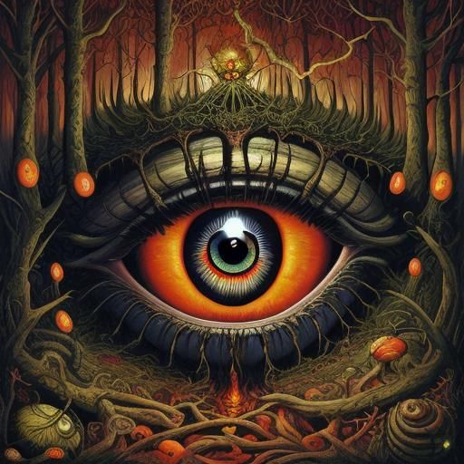 Surreal Eye in Forest: Psychedelic Lowbrow Art