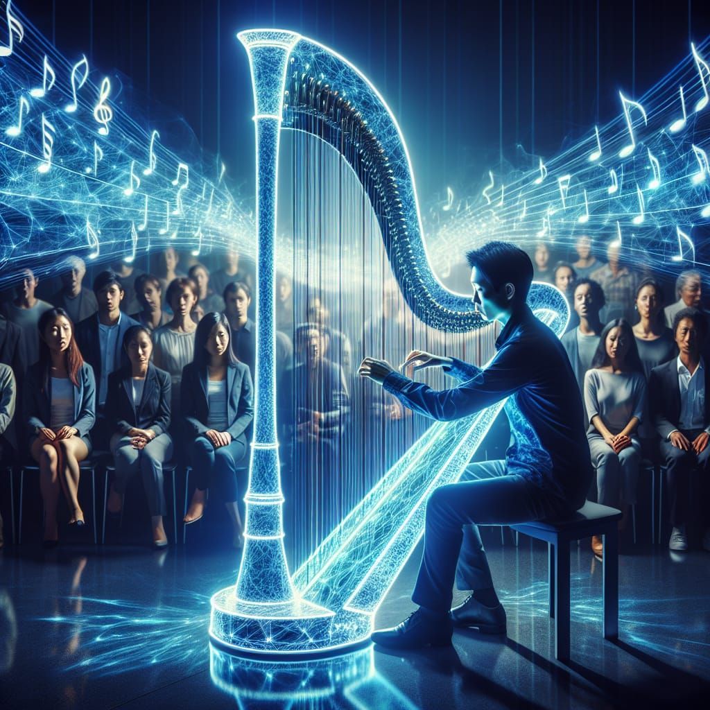 Ethereal Blue Harp Concert in a Futuristic Setting