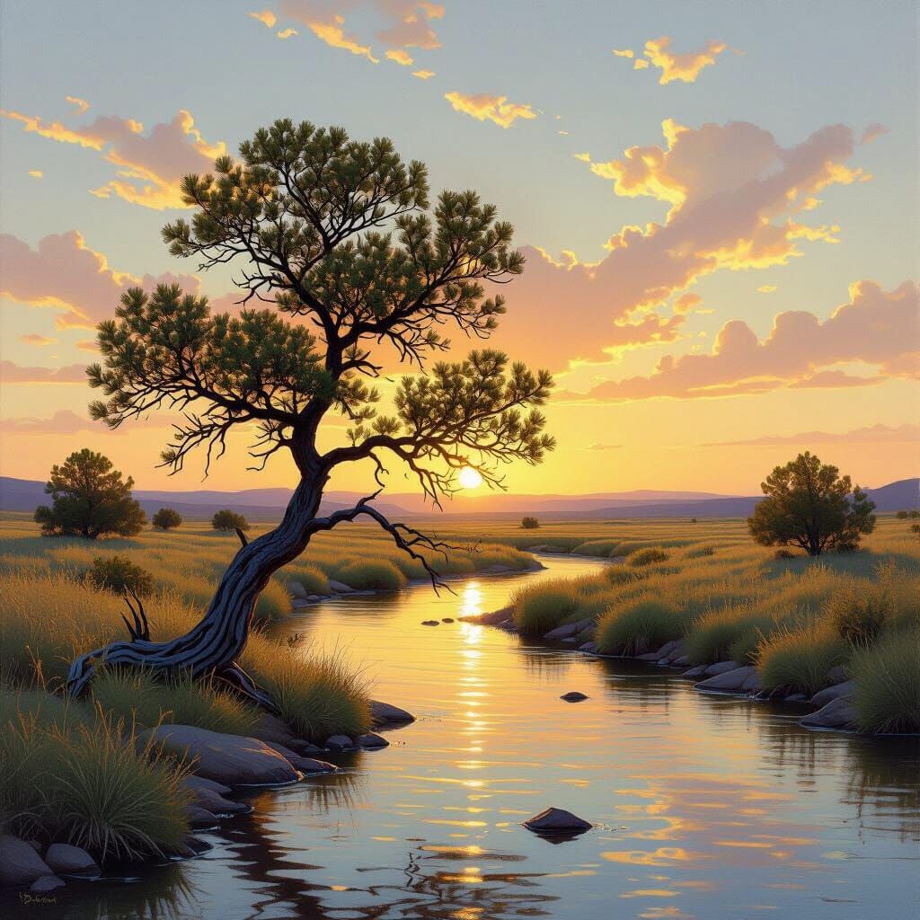 Lone Juniper Tree by River in Texas Golden Hour