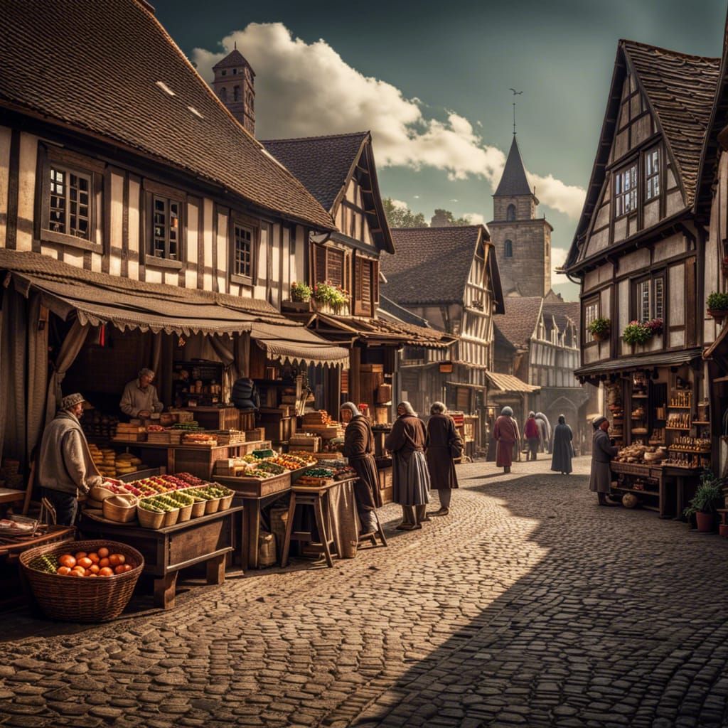 Medieval Rural Town Market Scene in HDR
