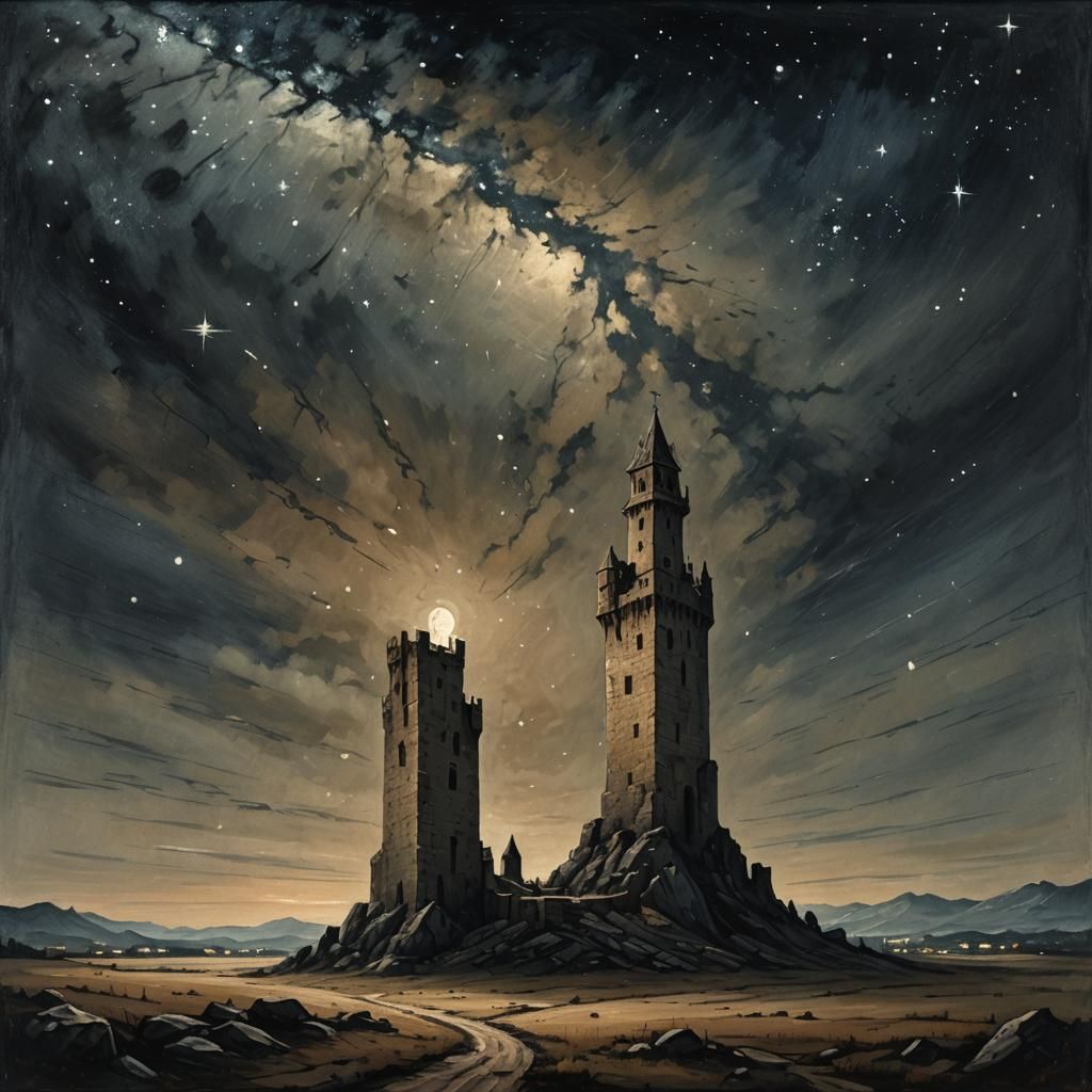 Ominous Tower at Night in Dark Fantasy Oil Painting