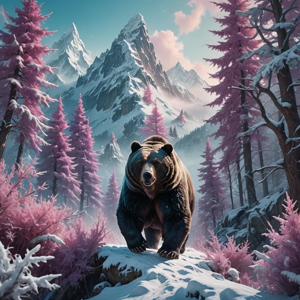 Asian Bear Descends Snowy Mountain, Matte Painting