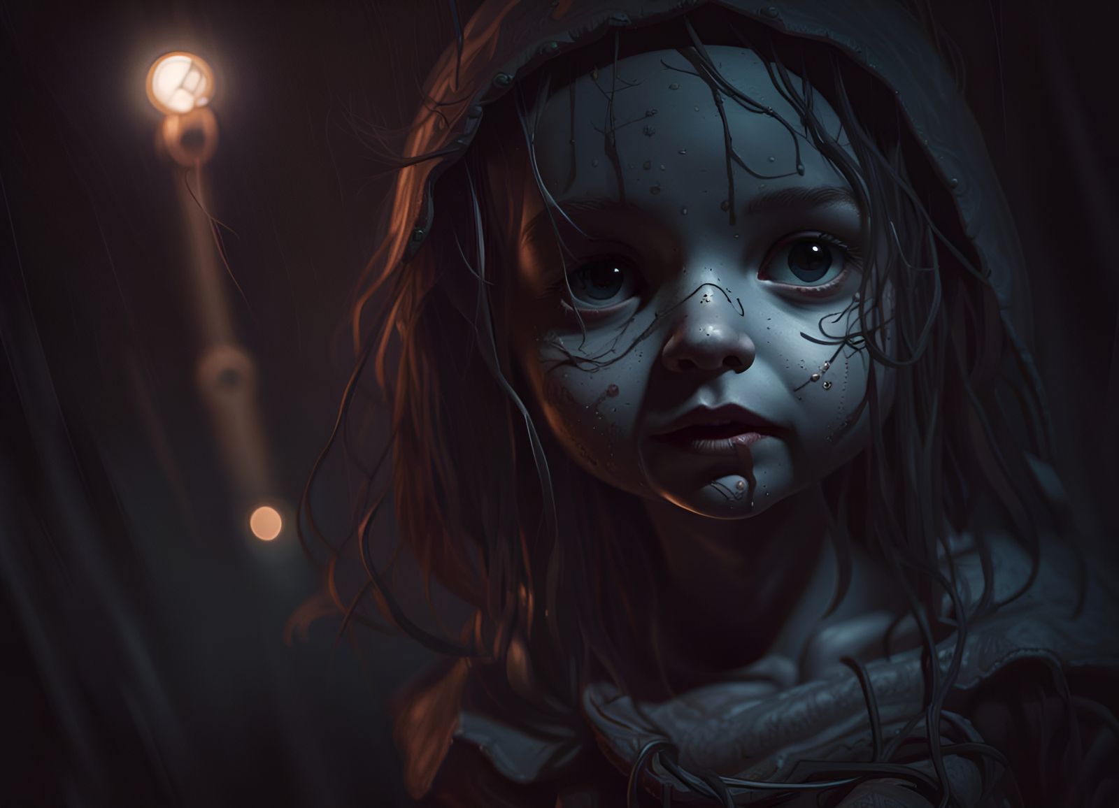 Creepy Bloody Doll in Dark: Hyperdetailed Horror