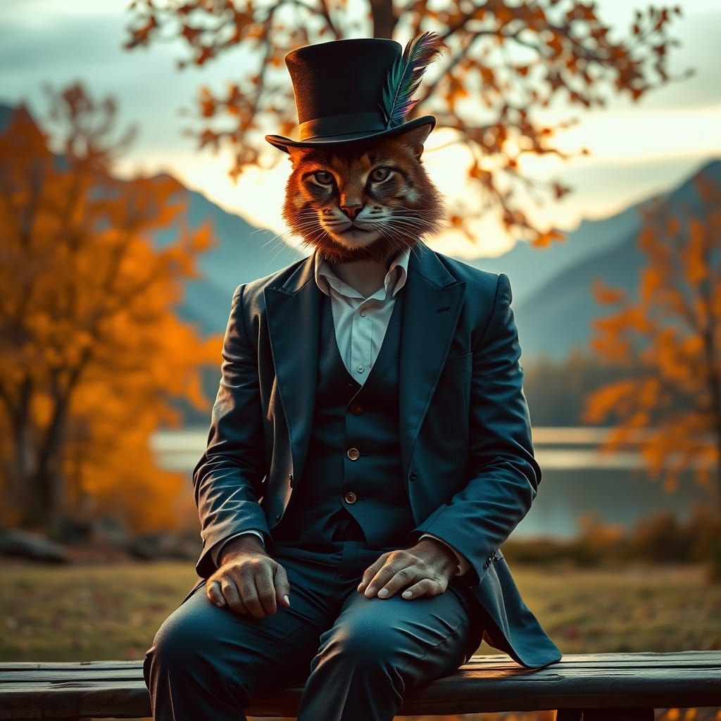 Mysterious Gentleman in Petrol-Blue Suit Sits on Worn Wooden...