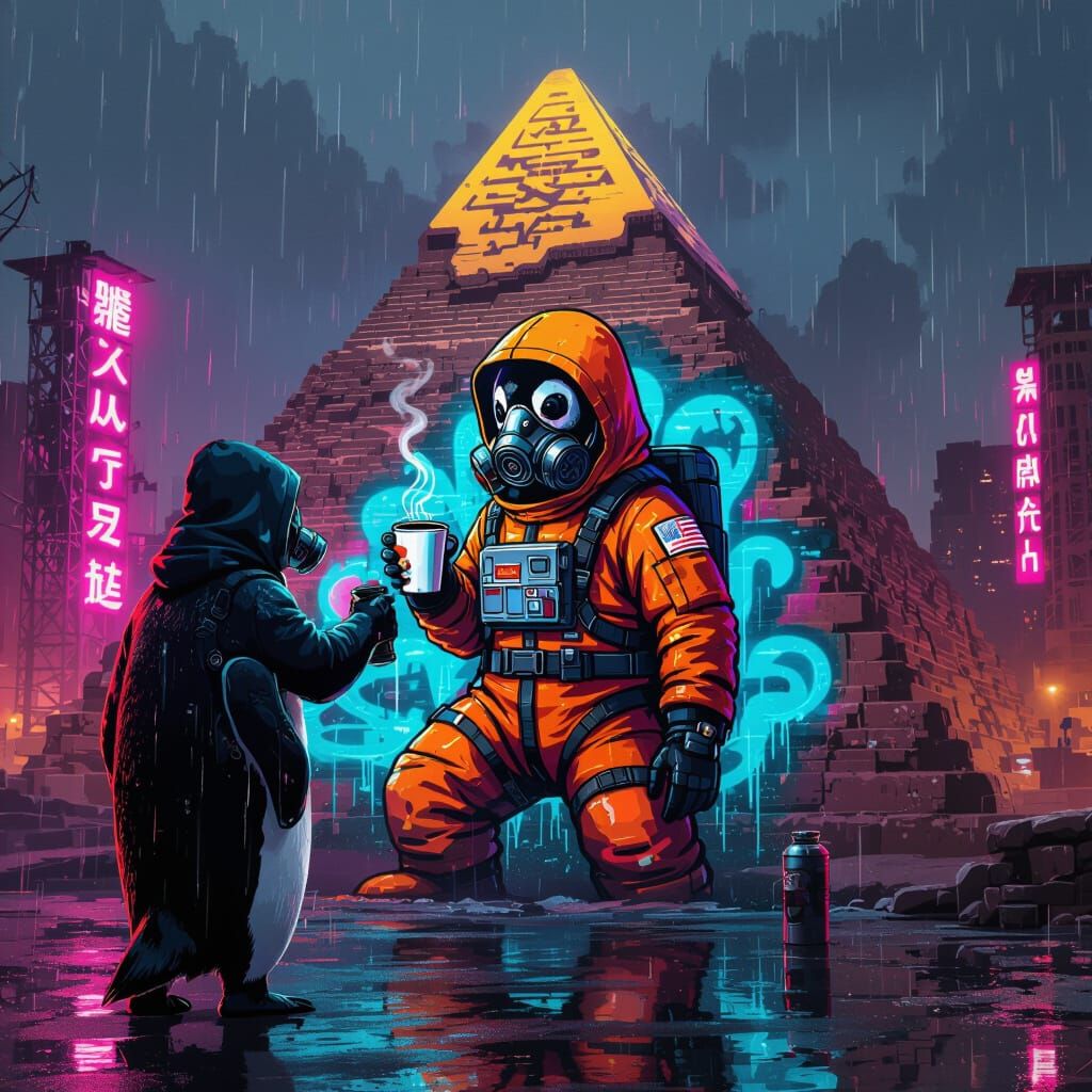 Cyberpunk Penguin Graffiti in Futuristic Egypt