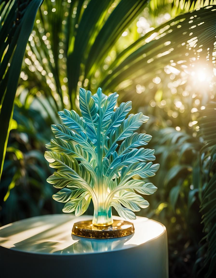 Opalescent Palm Tree Art Glass in Lalique Style