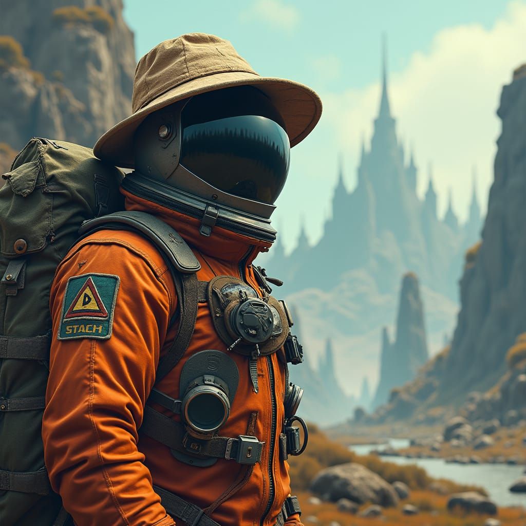 Astronaut Pilgrim in Alien Landscape, Detailed Matte Paintin...