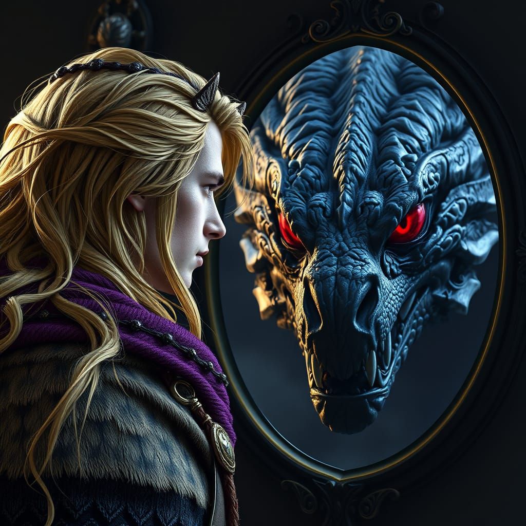 Nordic Warrior Sees Dragon Reflection in Dark Fantasy Art