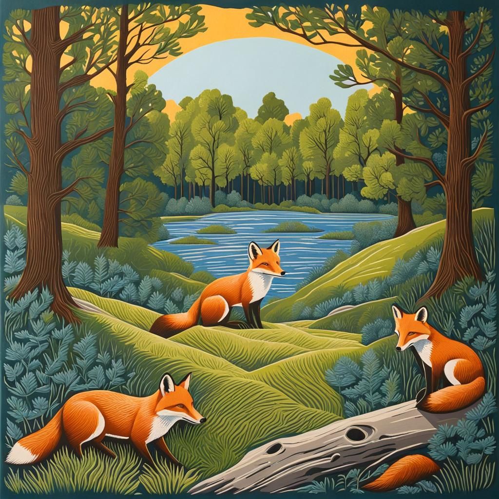 Linocut Forest Scene with Foxes in Gouache Style