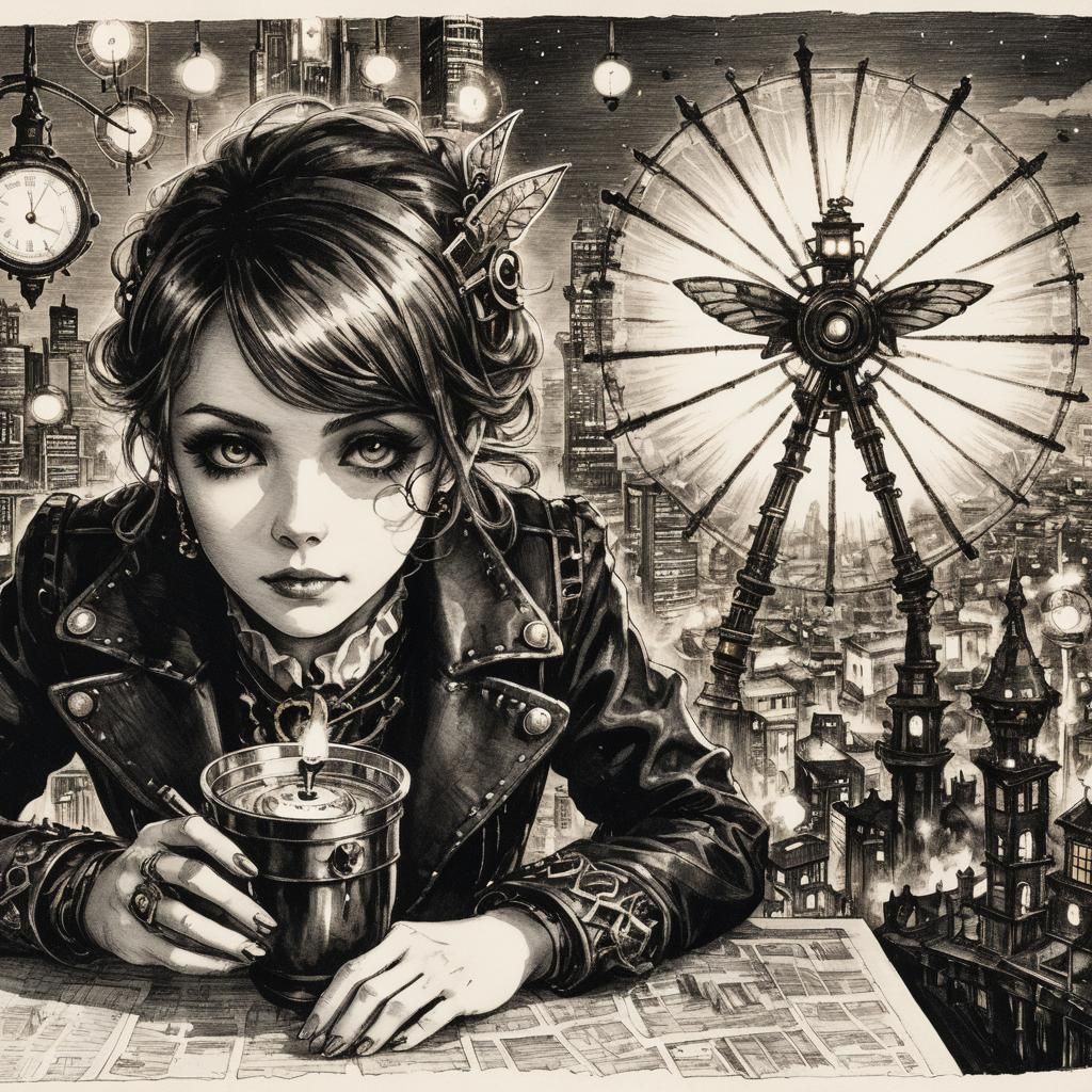 Steampunk Fairy Godmother's Clockwork Wand Over City