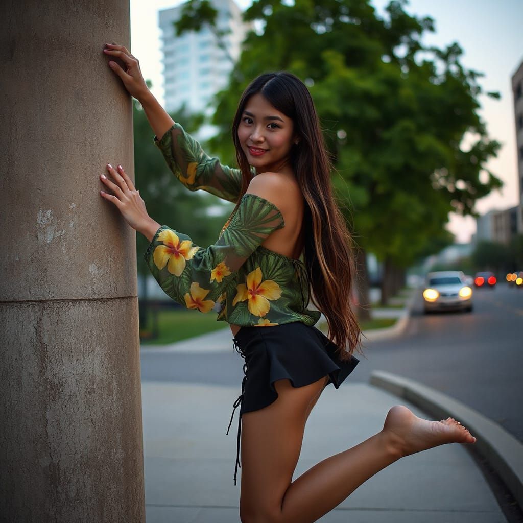 Chinese Woman Posing in Urban Setting, Hyper-Realistic Style