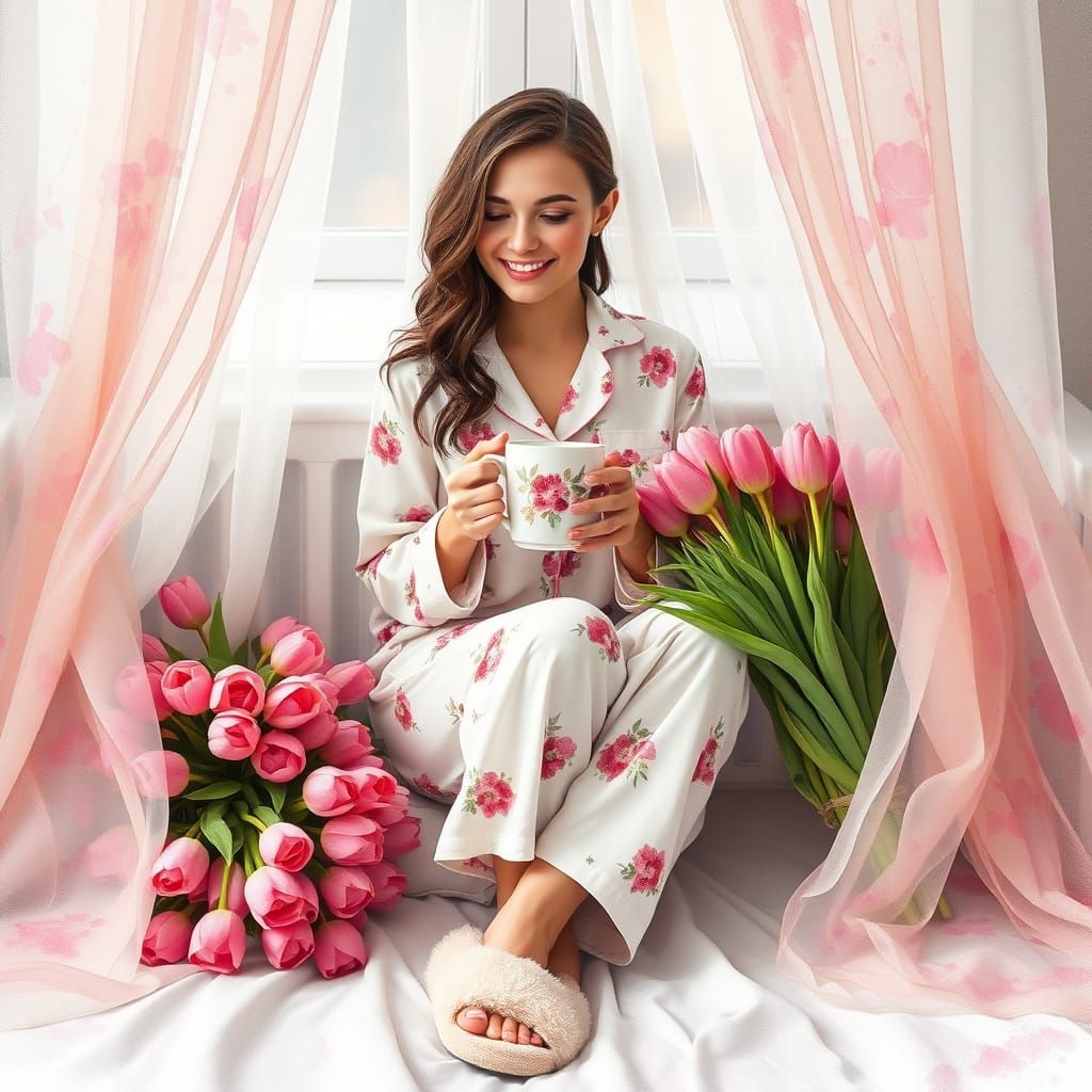 Woman with Tulips: 3D Watercolor Digital Art