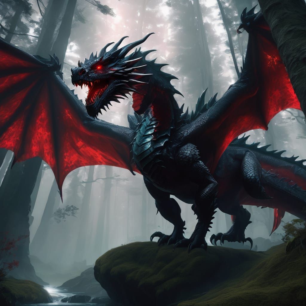 Ethereal Black Dragon Soars Through Ancient Forest in Mystic...