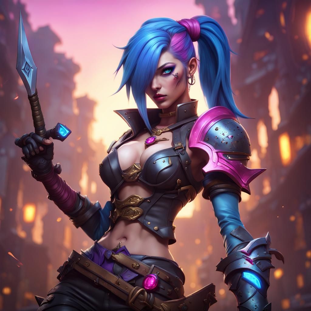 Jinx in Leather Armor: Dark Fantasy Digital Art