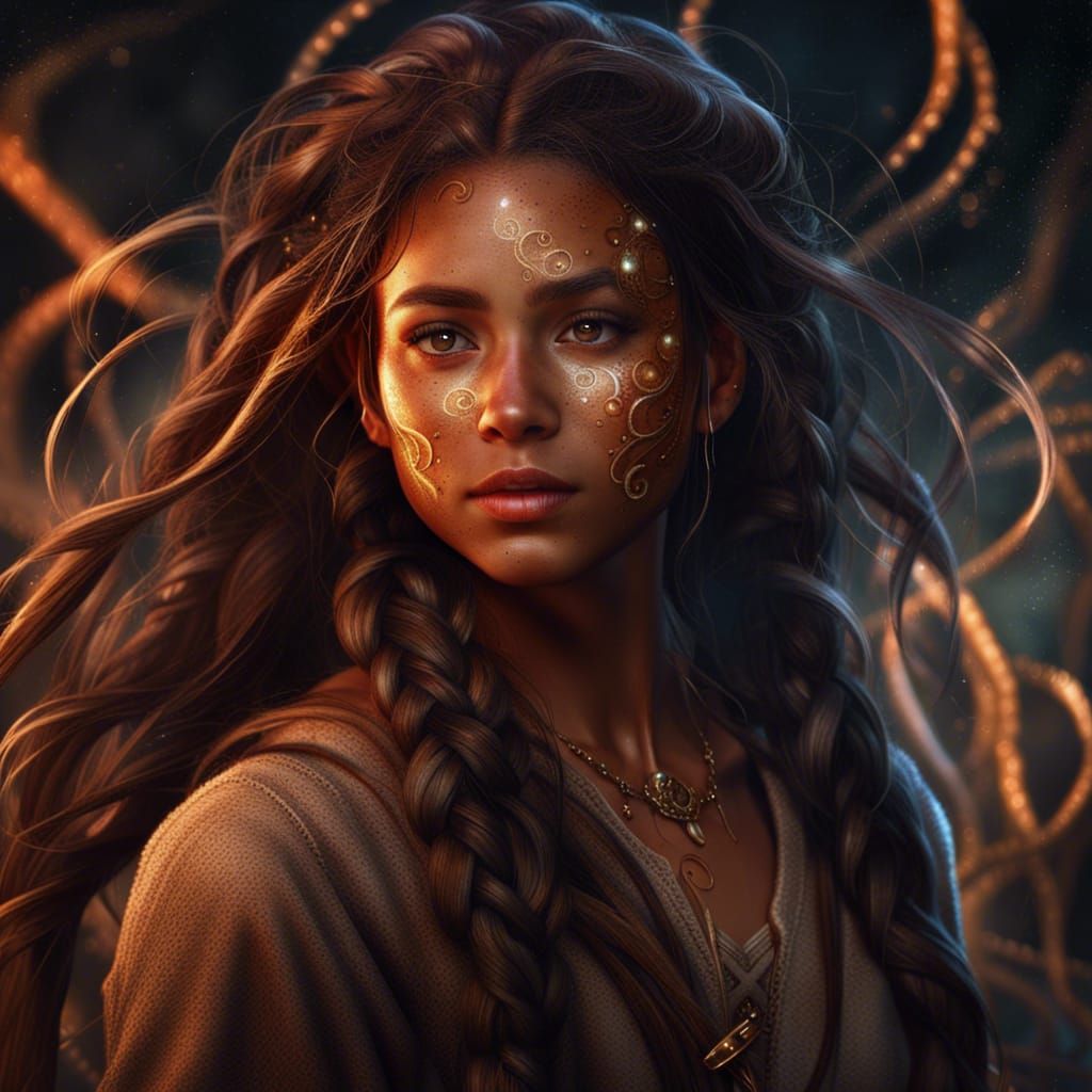 Freckled Girl with Braids and Swirling Magic