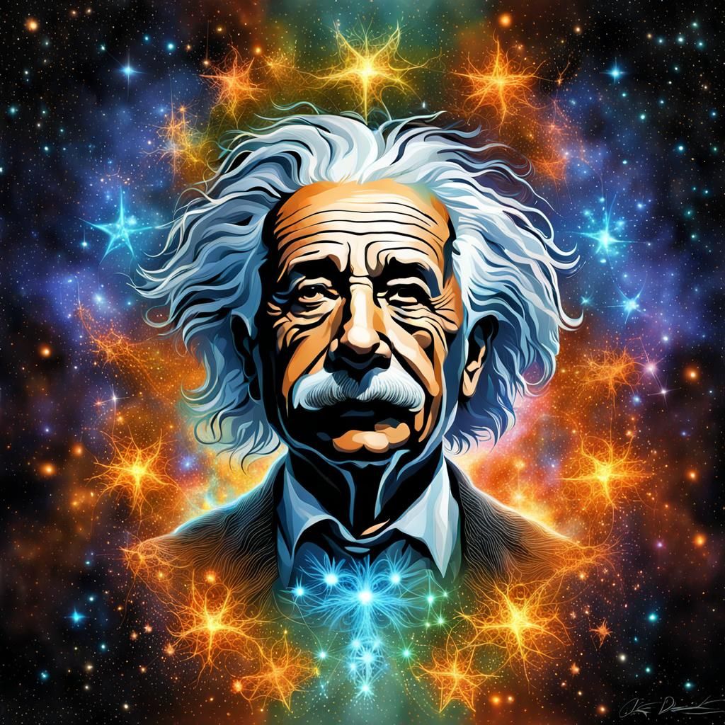Einstein Portrait with Bioluminescent Psychedelic Galaxy