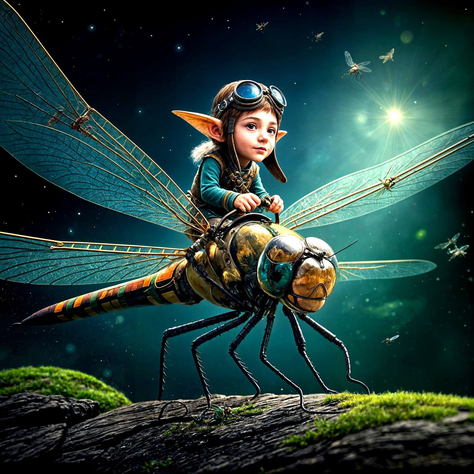 Whimsical Elf Rides Majestic Dragonfly