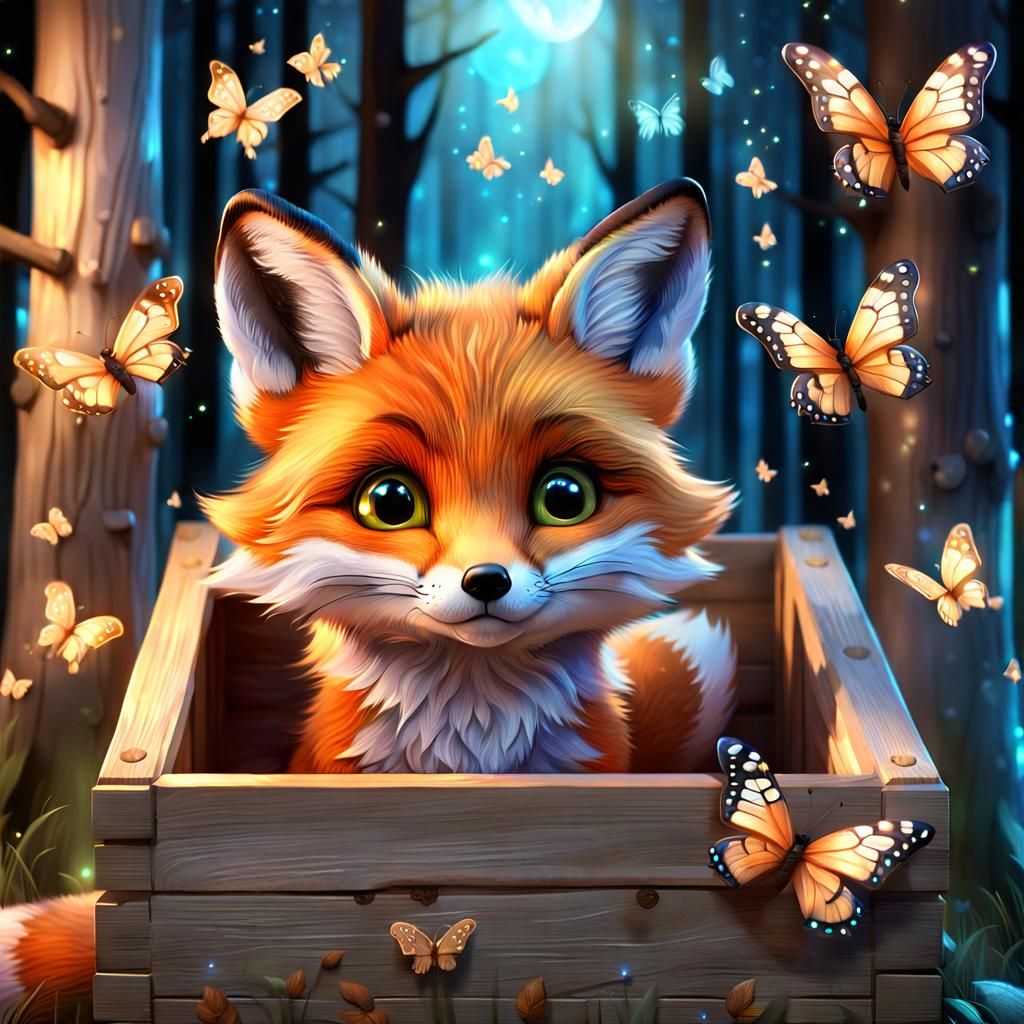 Cartoon Fox Kit in a Box with Butterflies