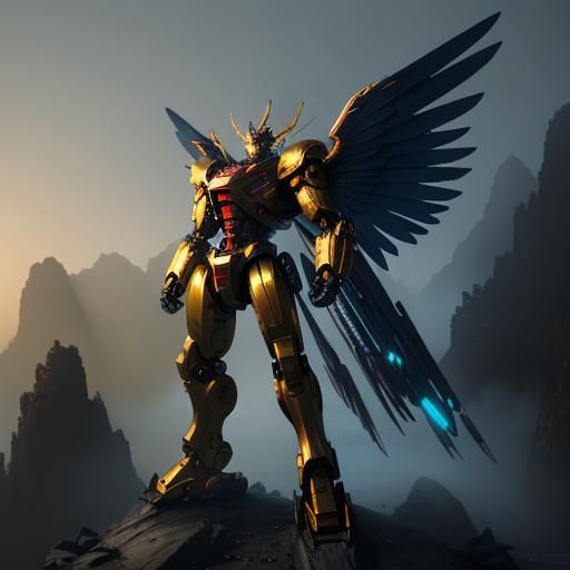 Golden Winged Robot on Rocky Terrain in Cyberpunk Style