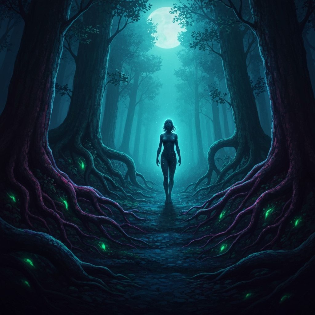 Mystical Forest Figure Embodying Hidden Strength