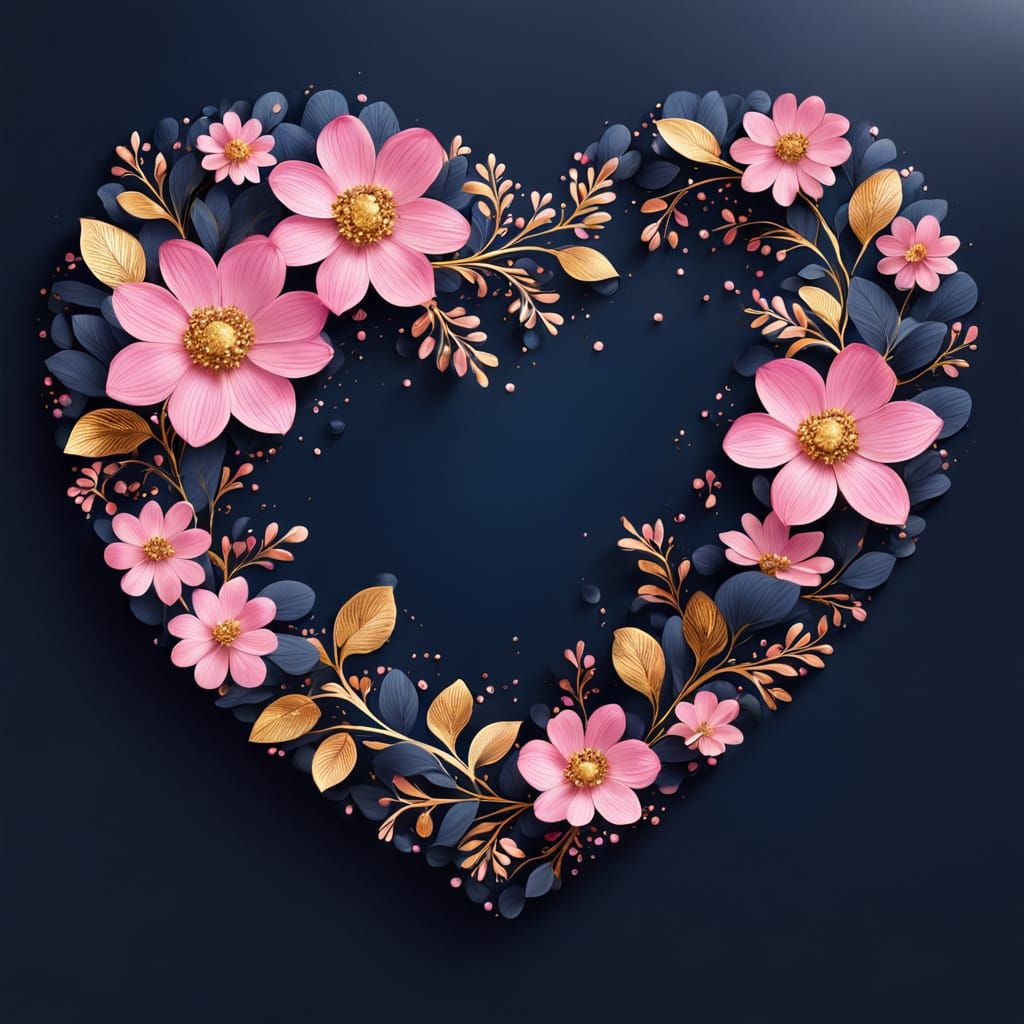 Pink and Gold Heart Wreath in Dark Blue