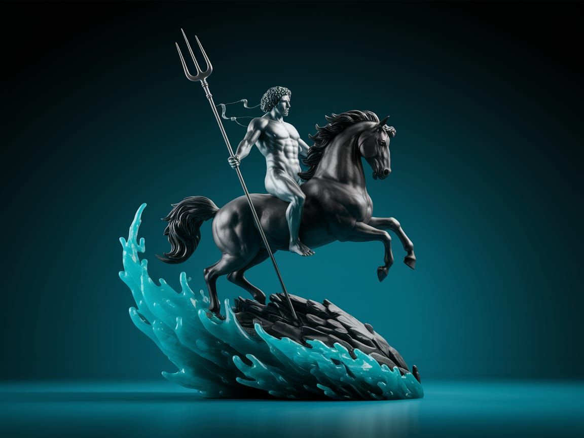 Neptune Rides Ethereum Horse: 3D Abstract Statue