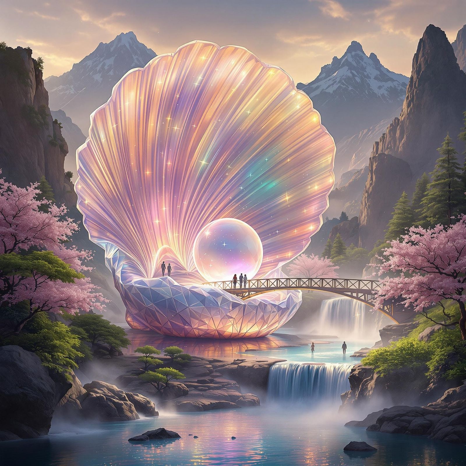 Ethereal Paradise with Glowing Seashell and Luminous Pearl