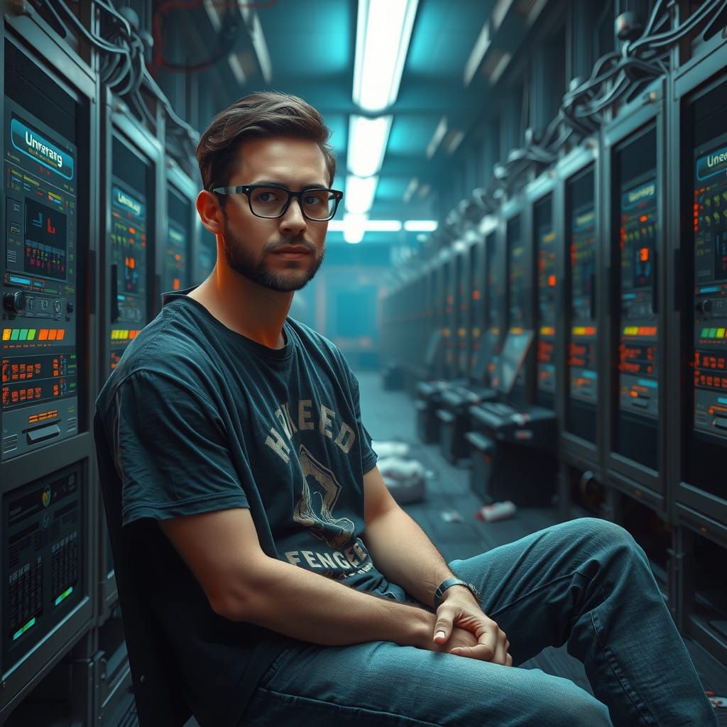 Cyberpunk Engineer in a Dystopian Lair